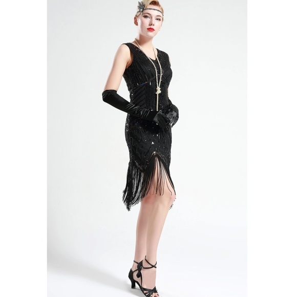 Jet Black glass beaded Fringe Flapper Dress - Picture 2 of 8